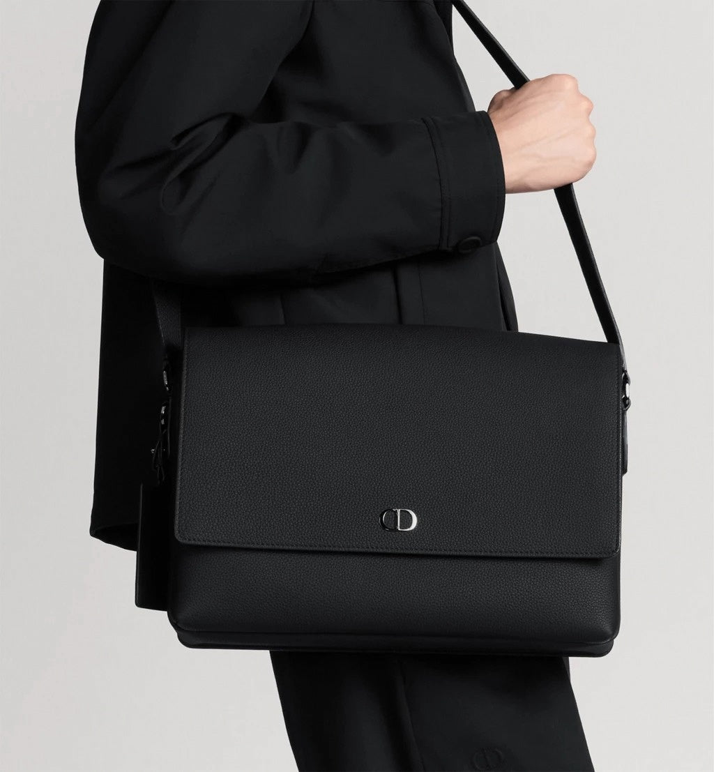 Minimal CD Logo Leather Messenger Bag (Black)