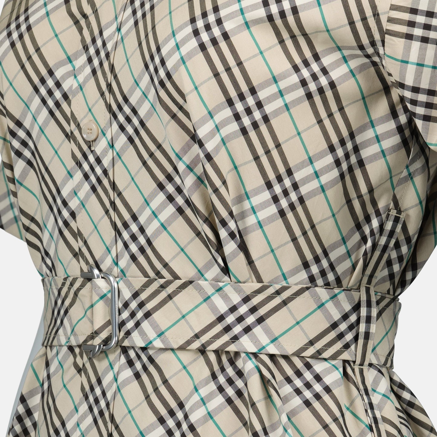 Short Sleeve Check Belted Shirt Dress – Light Beige