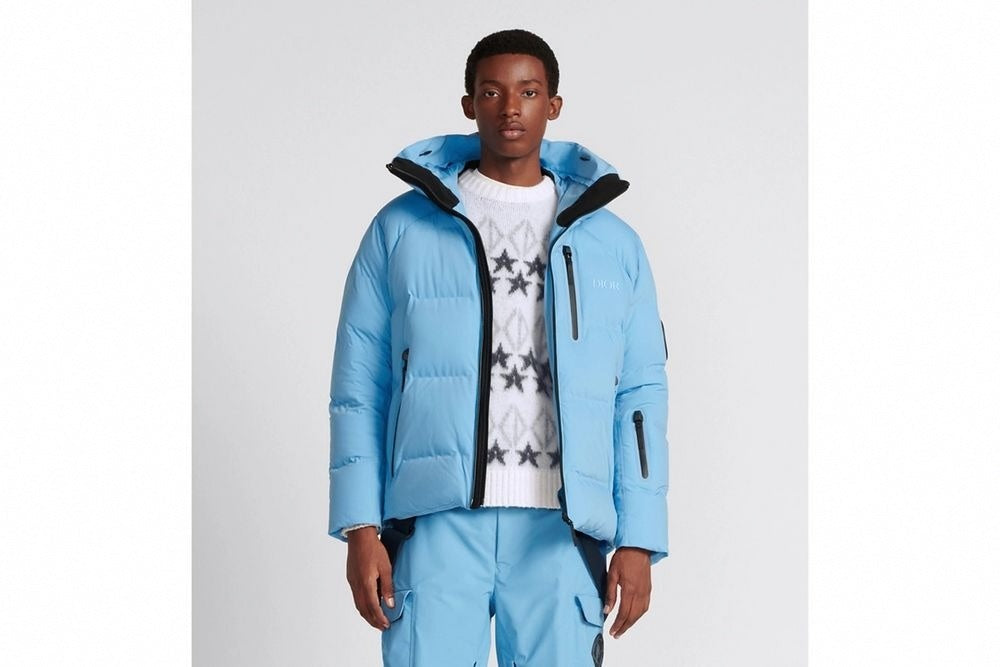 Hooded Down Jacket in Sky Blue Technical Taffeta