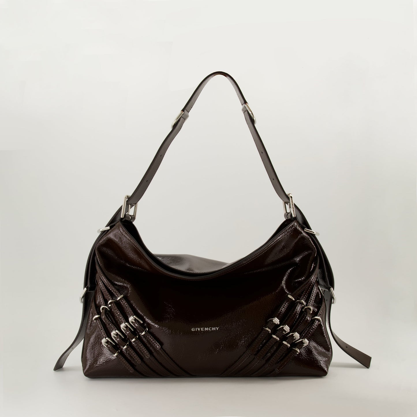 Brown Patent Leather Slouchy Shoulder Bag with Harness Detail