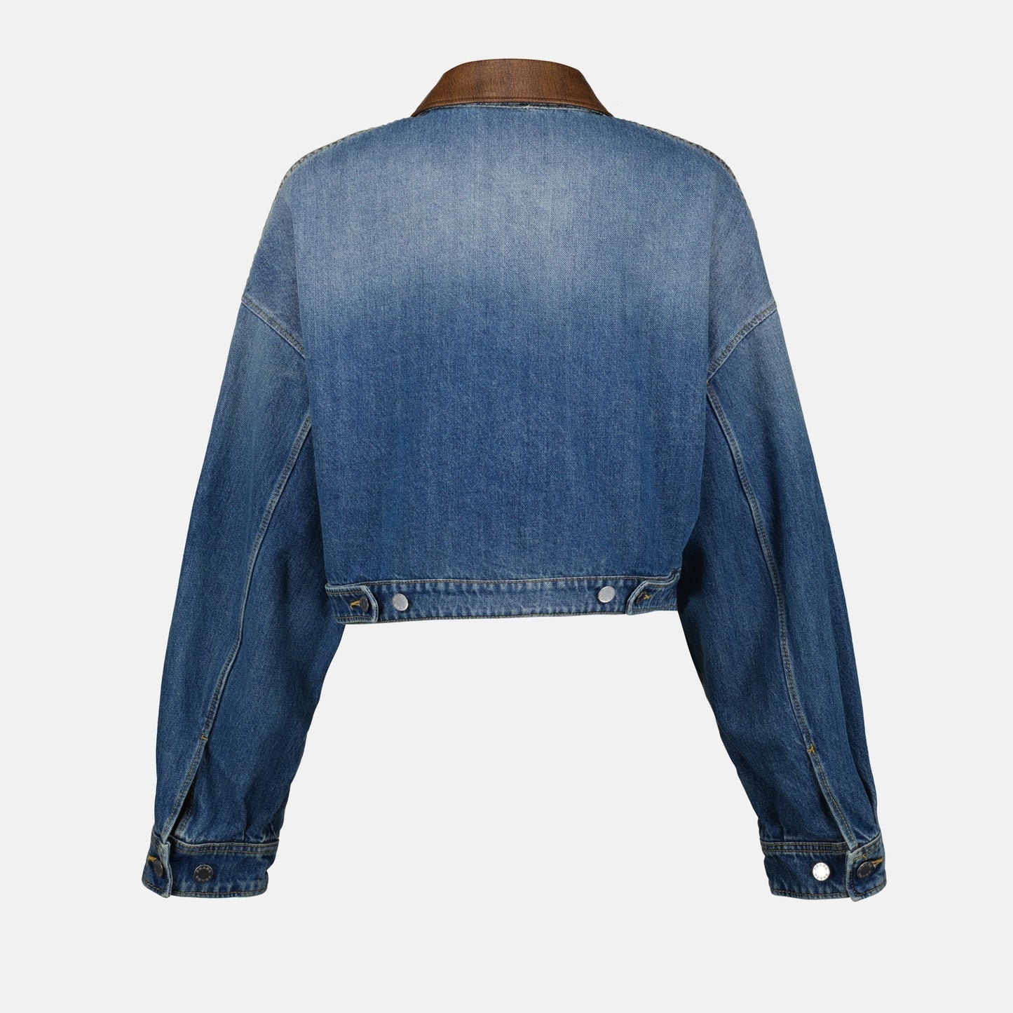 Cropped Denim Jacket with Leather Collar