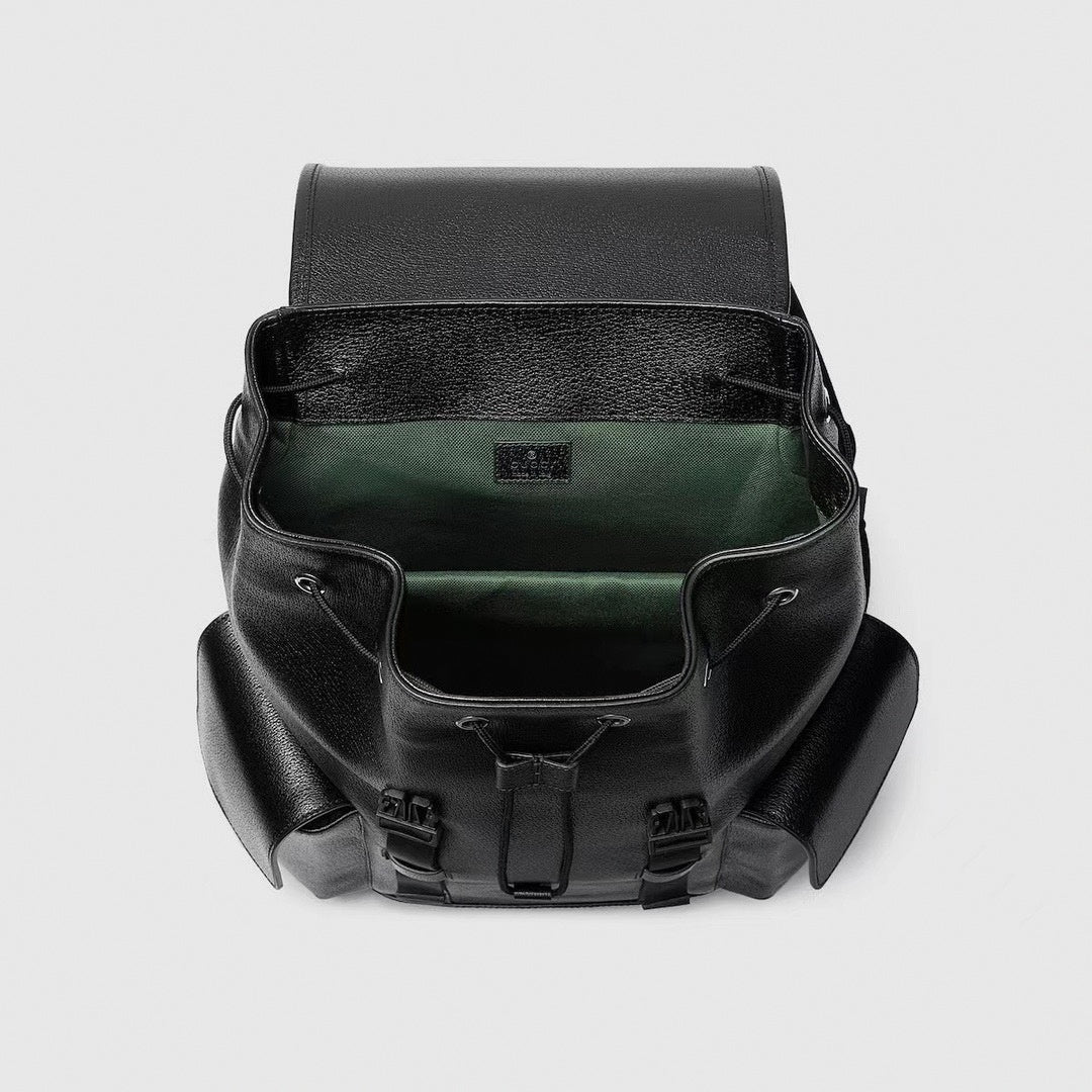 Black Leather Flap Backpack