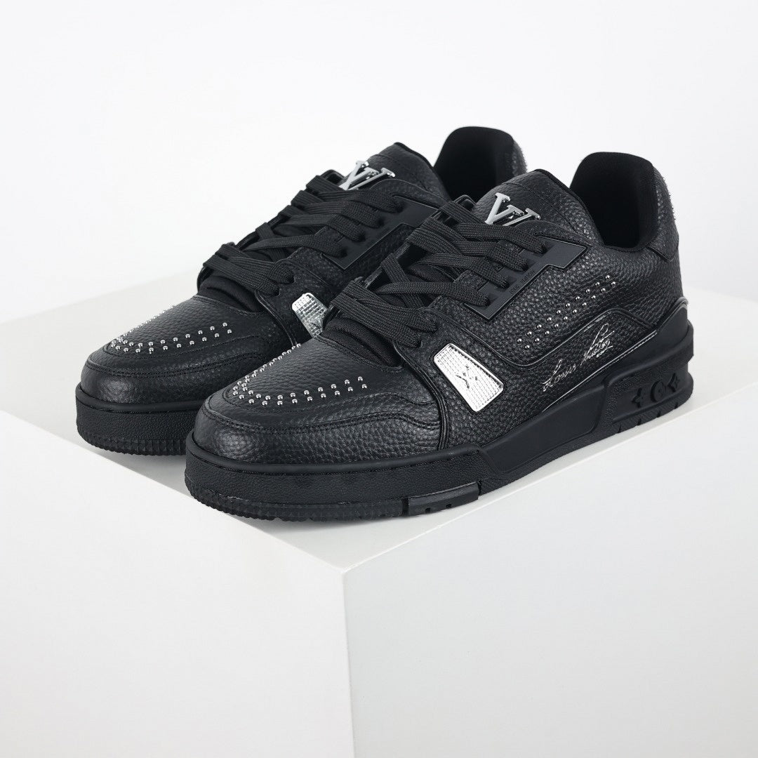 LV Black Leather Studded Low-Top Sneakers
