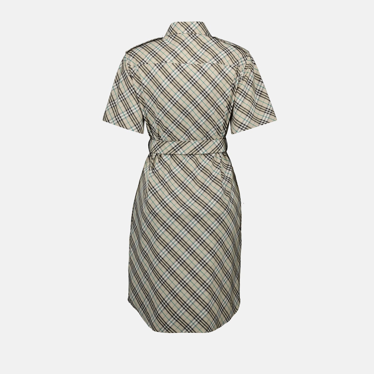 Short Sleeve Check Belted Shirt Dress – Light Beige