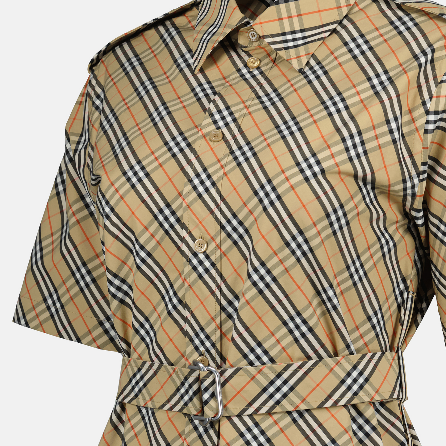 Short Sleeve Check Belted Shirt Dress