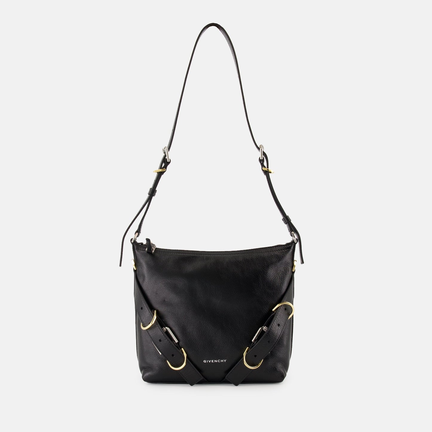 Black Leather Shoulder Bag with Strap Detail