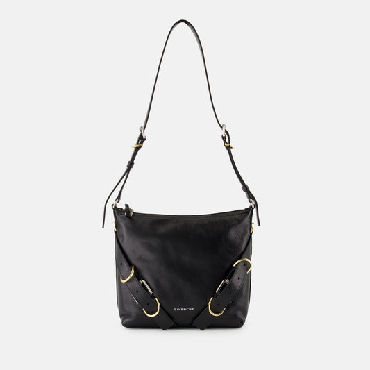 Black Leather Shoulder Bag with Strap Detail