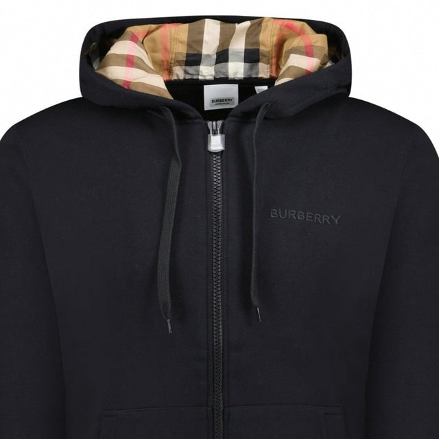 'Hove' check Hood Embroidery Logo Hoodie Zip Sweatshirt - Black