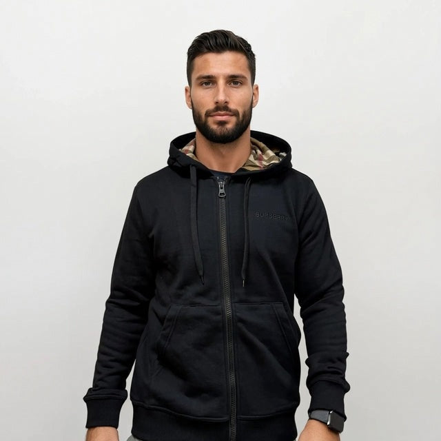 'Hove' check Hood Embroidery Logo Hoodie Zip Sweatshirt - Black