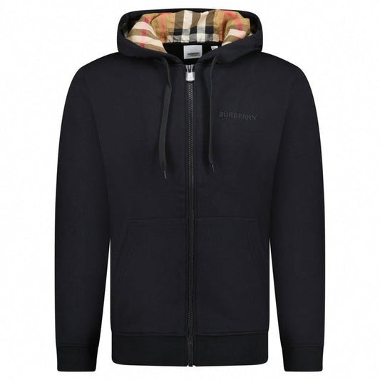 'Hove' check Hood Embroidery Logo Hoodie Zip Sweatshirt - Black
