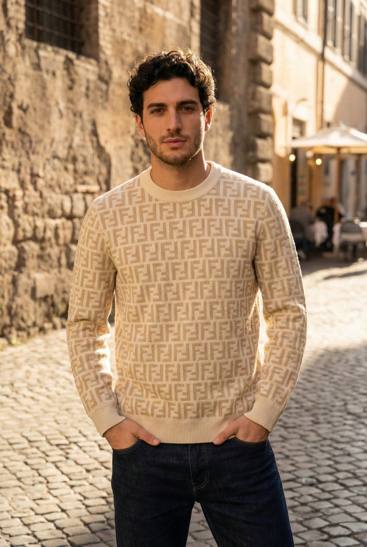 Beige and White Monogram Knit Sweater