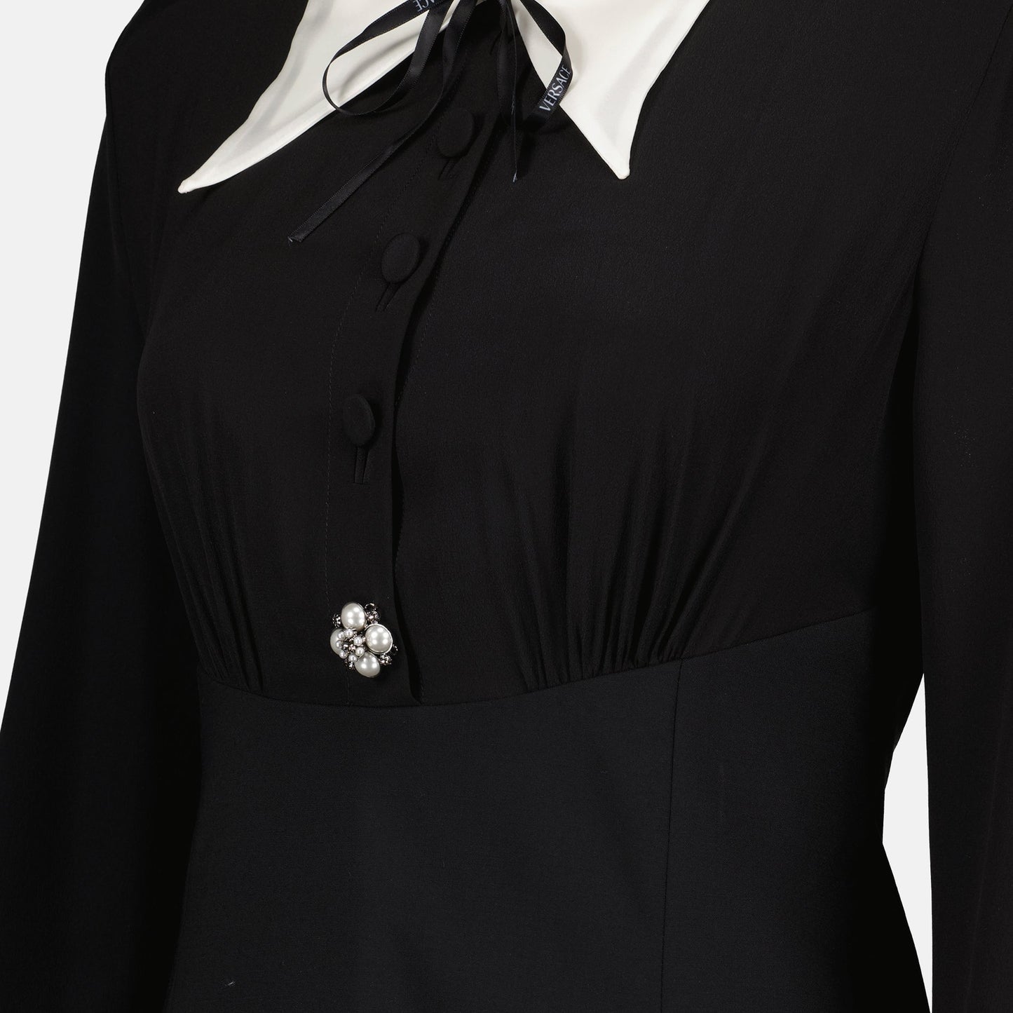 Contrast Collar Mini Dress with Ribbon Tie
