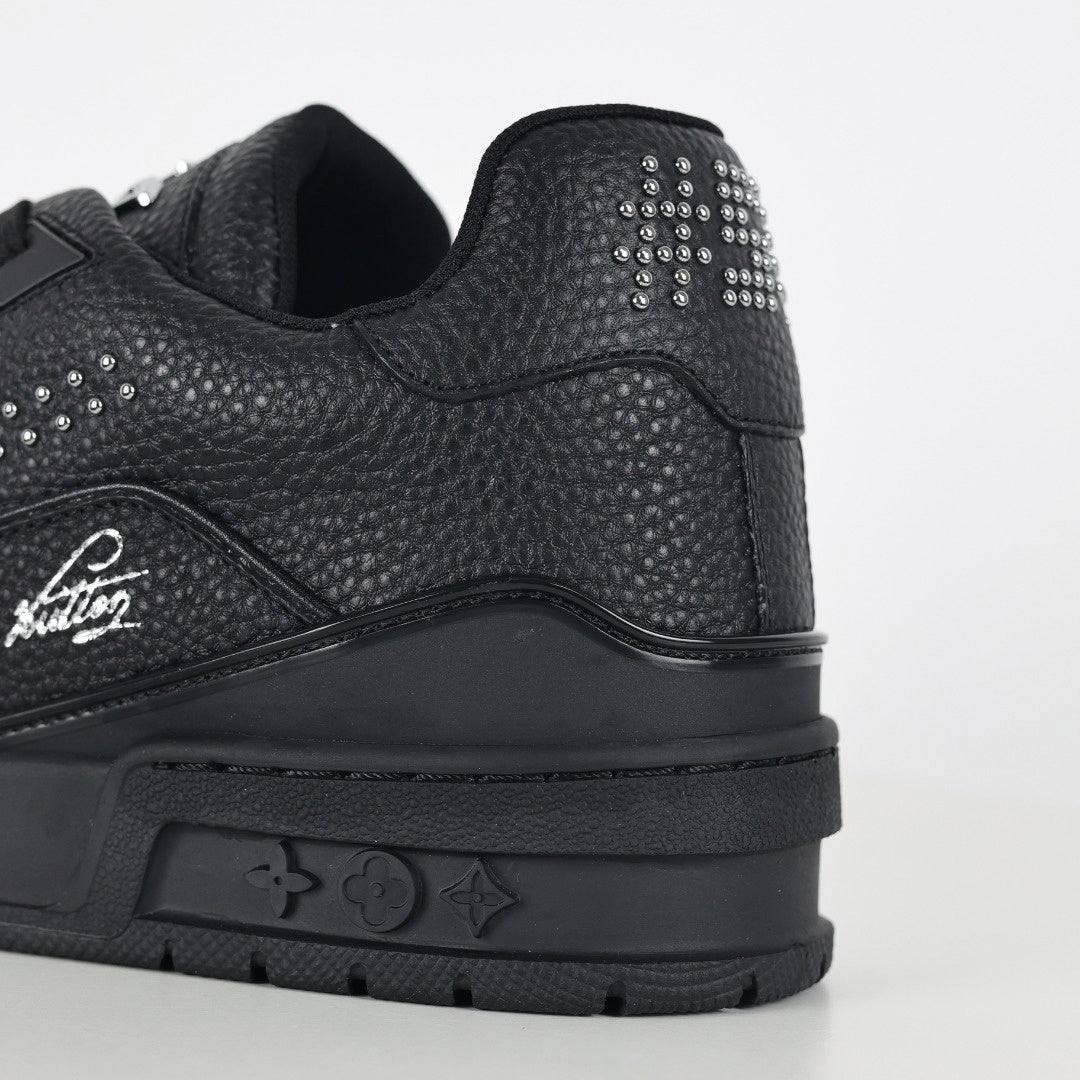 LV Black Leather Studded Low-Top Sneakers