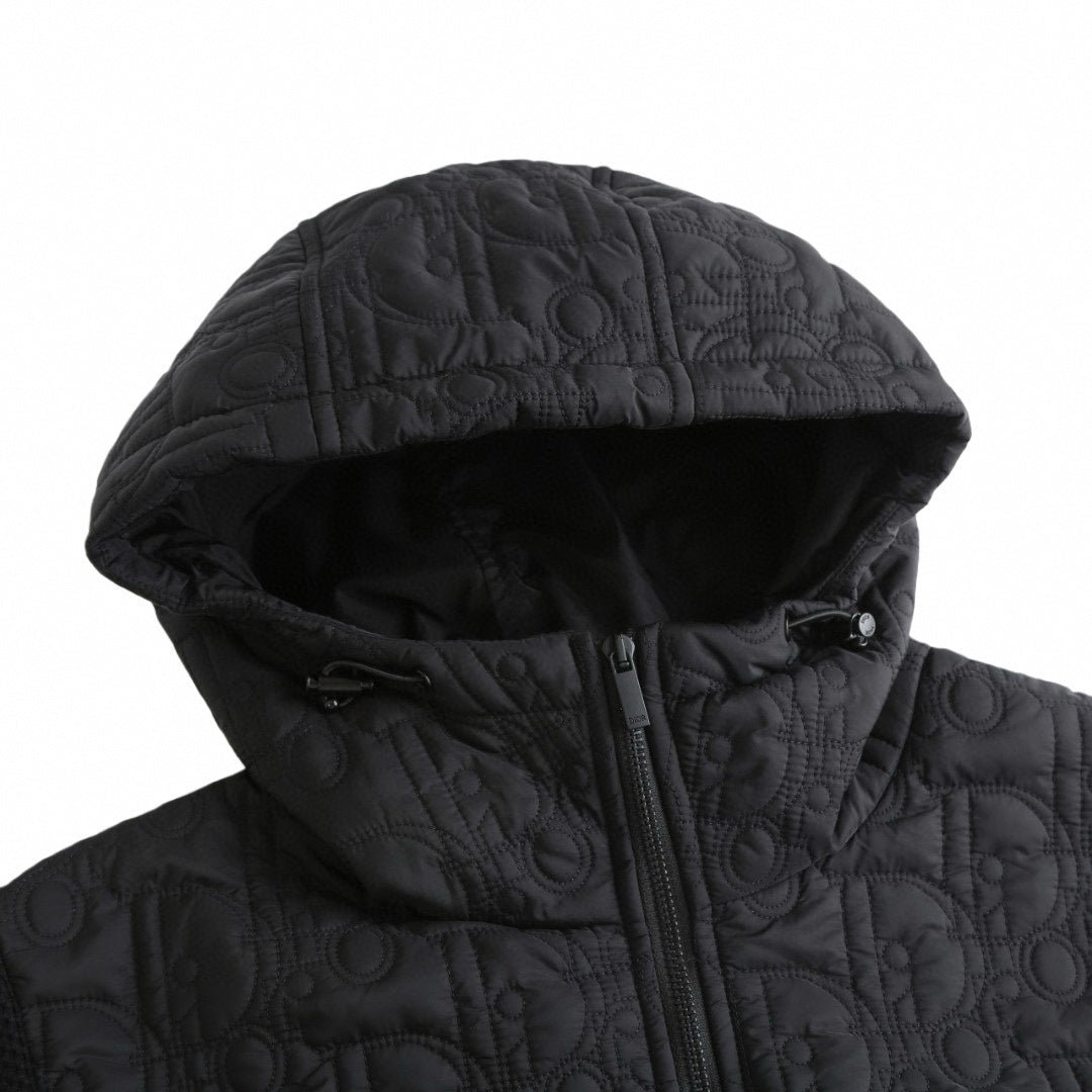 Black Quilted Wool Hooded Zip Jacket
