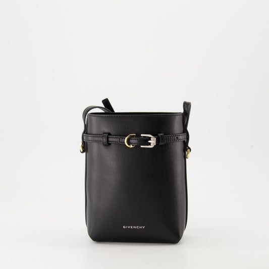 Black Leather Mini Bucket Bag with Belt Detail