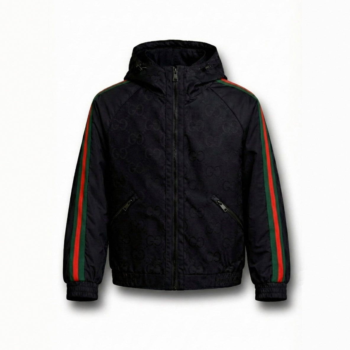 GG Jacquard Hooded Windbreaker Jacket with Web Stripe Sleeves – Black
