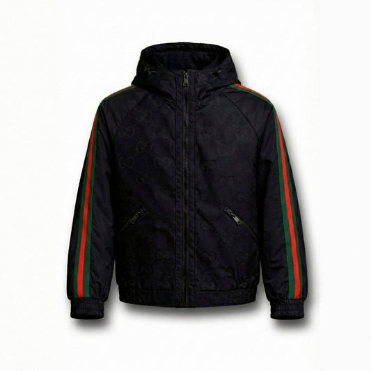 GG Jacquard Hooded Windbreaker Jacket with Web Stripe Sleeves – Black