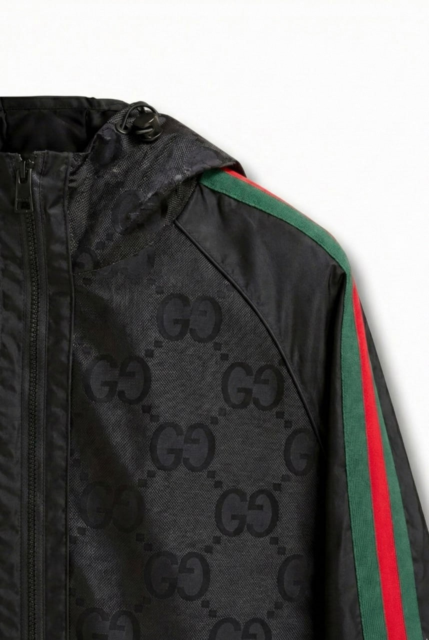 GG Jacquard Hooded Windbreaker Jacket with Web Stripe Sleeves – Black