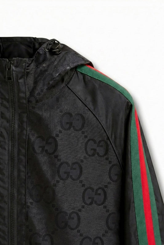 GG Jacquard Hooded Windbreaker Jacket with Web Stripe Sleeves – Black