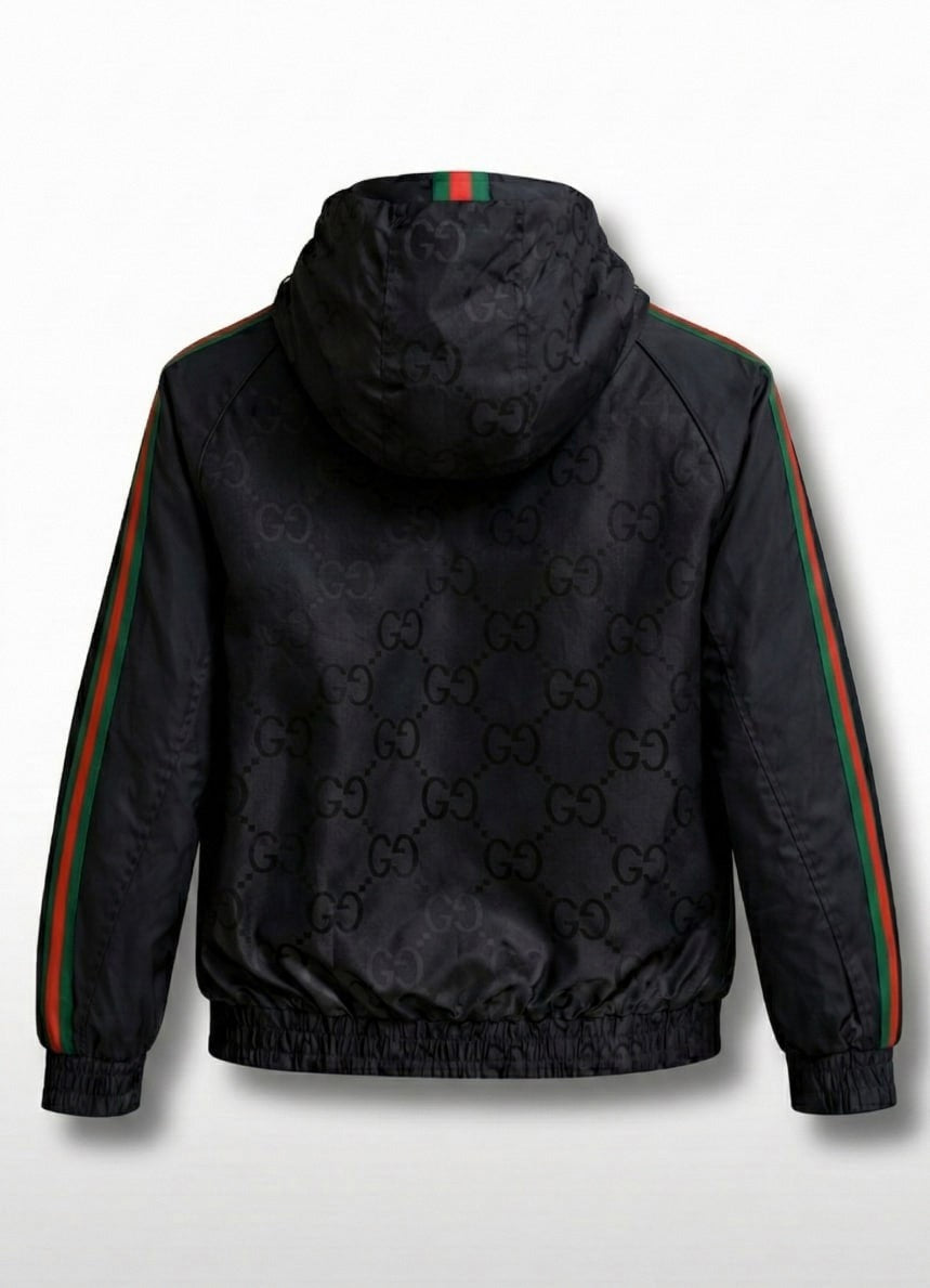 GG Jacquard Hooded Windbreaker Jacket with Web Stripe Sleeves – Black