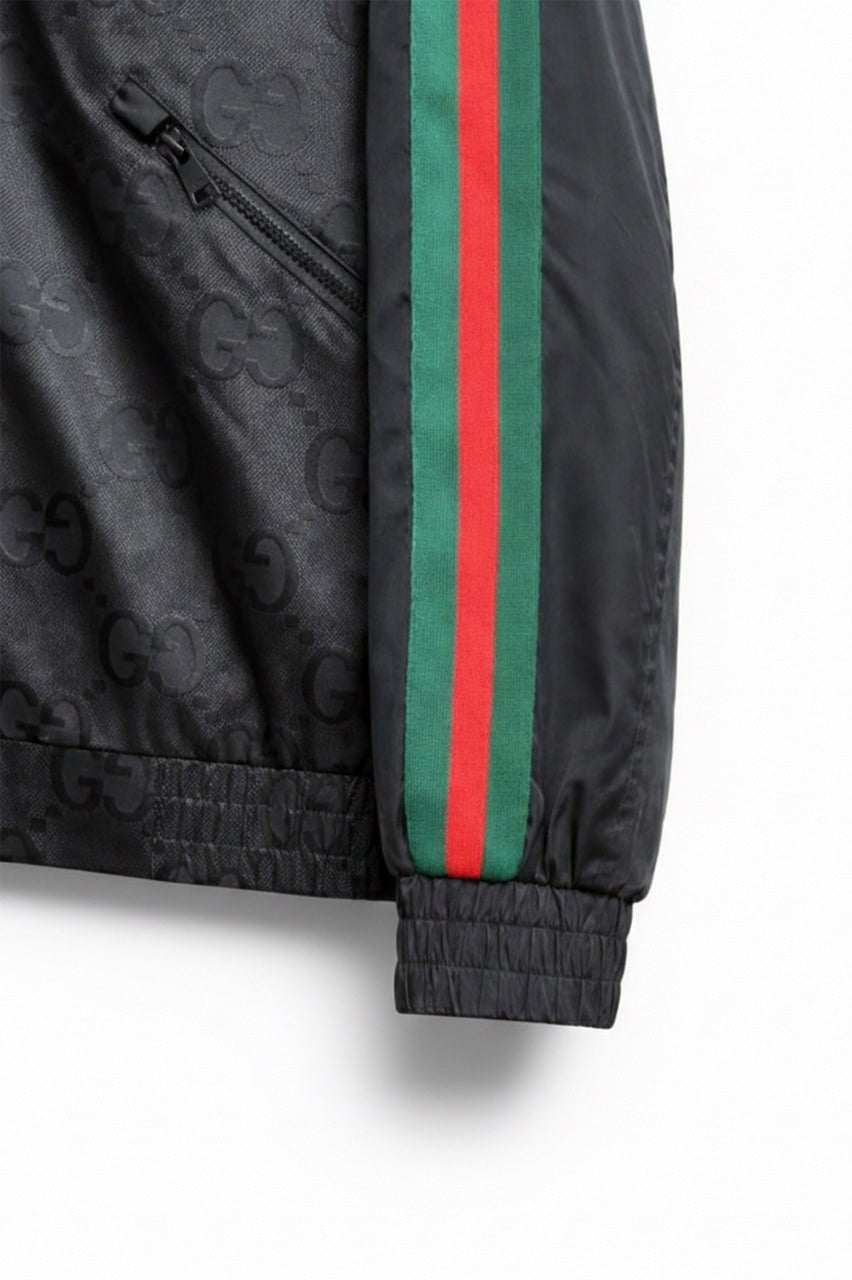 GG Jacquard Hooded Windbreaker Jacket with Web Stripe Sleeves – Black