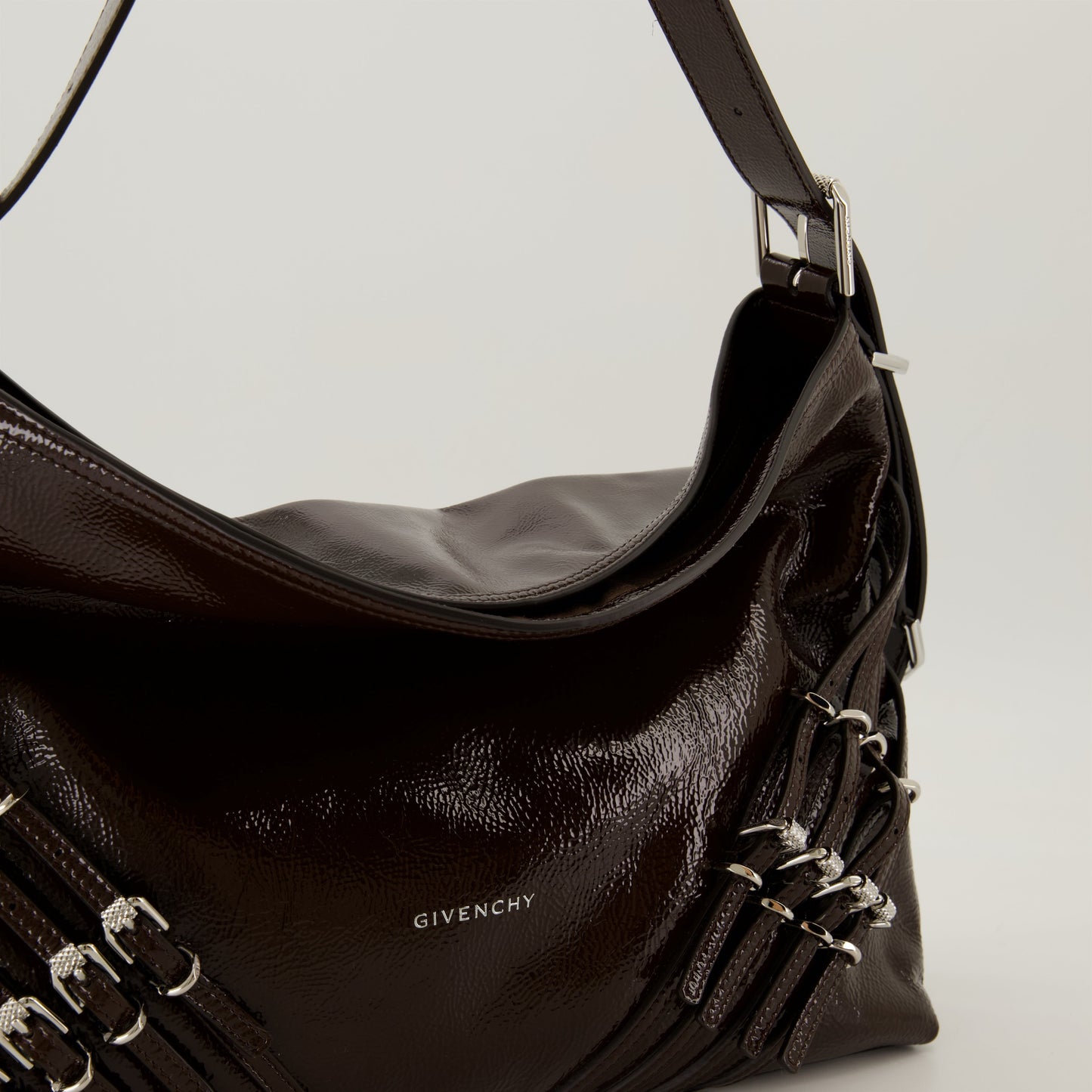 Brown Patent Leather Slouchy Shoulder Bag with Harness Detail