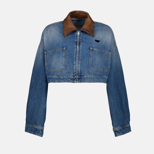 Cropped Denim Jacket with Leather Collar