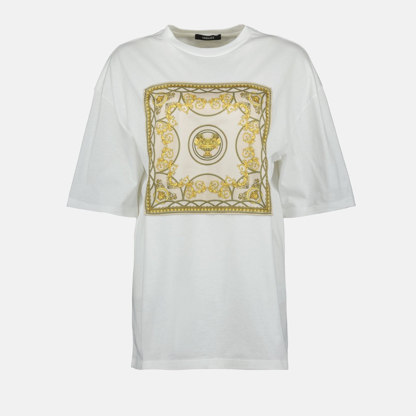 Baroque Print Oversized T-Shirt – White & Gold