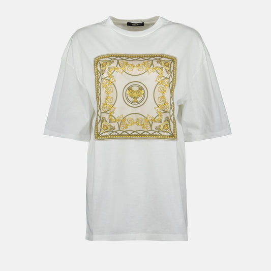 Baroque Print Oversized T-Shirt – White & Gold