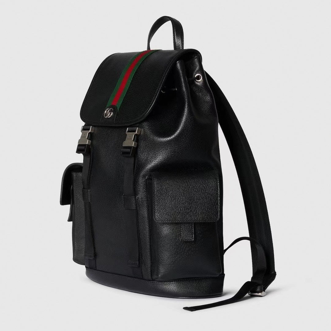 Black Leather Flap Backpack