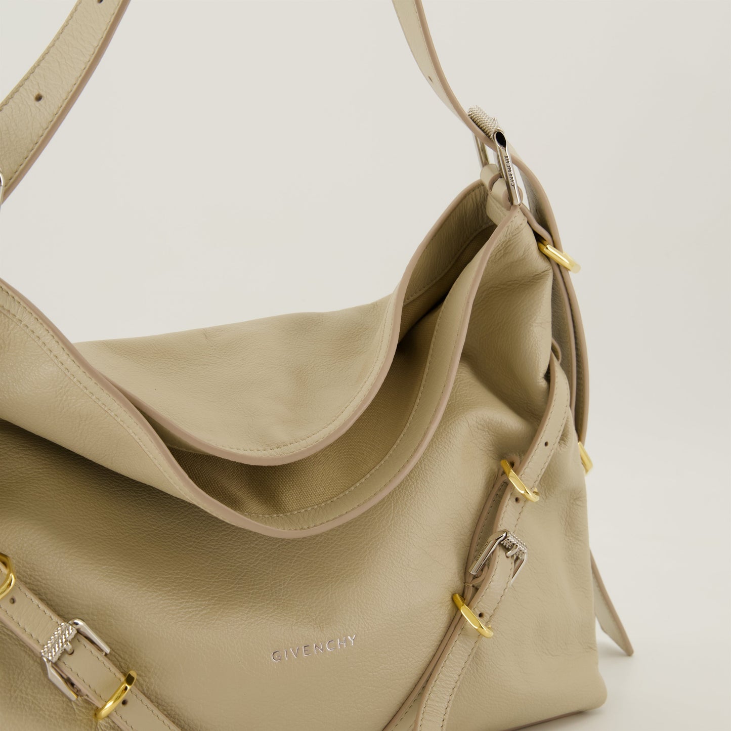 Beige Leather Slouchy Shoulder Bag with Harness Detail