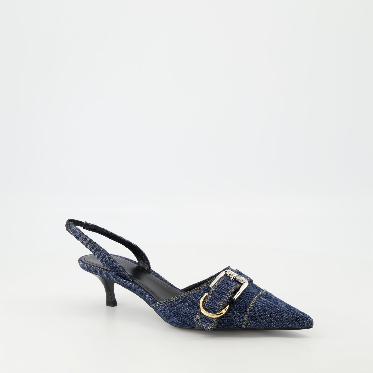 Denim Buckle Slingback Kitten Heels