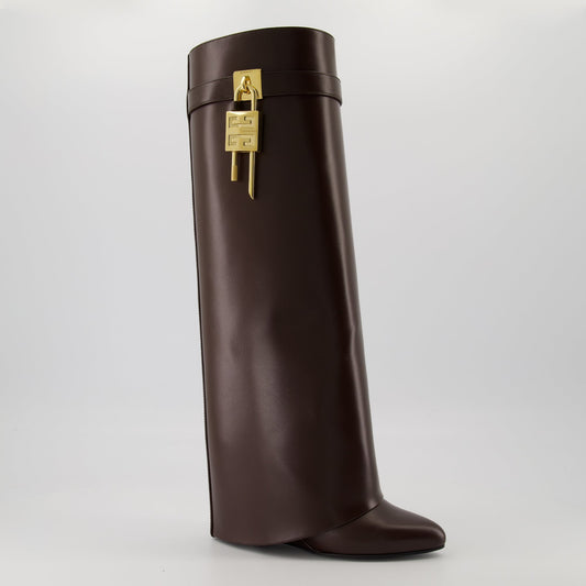 Shark Lock Brown Knee-High Wedge Boots