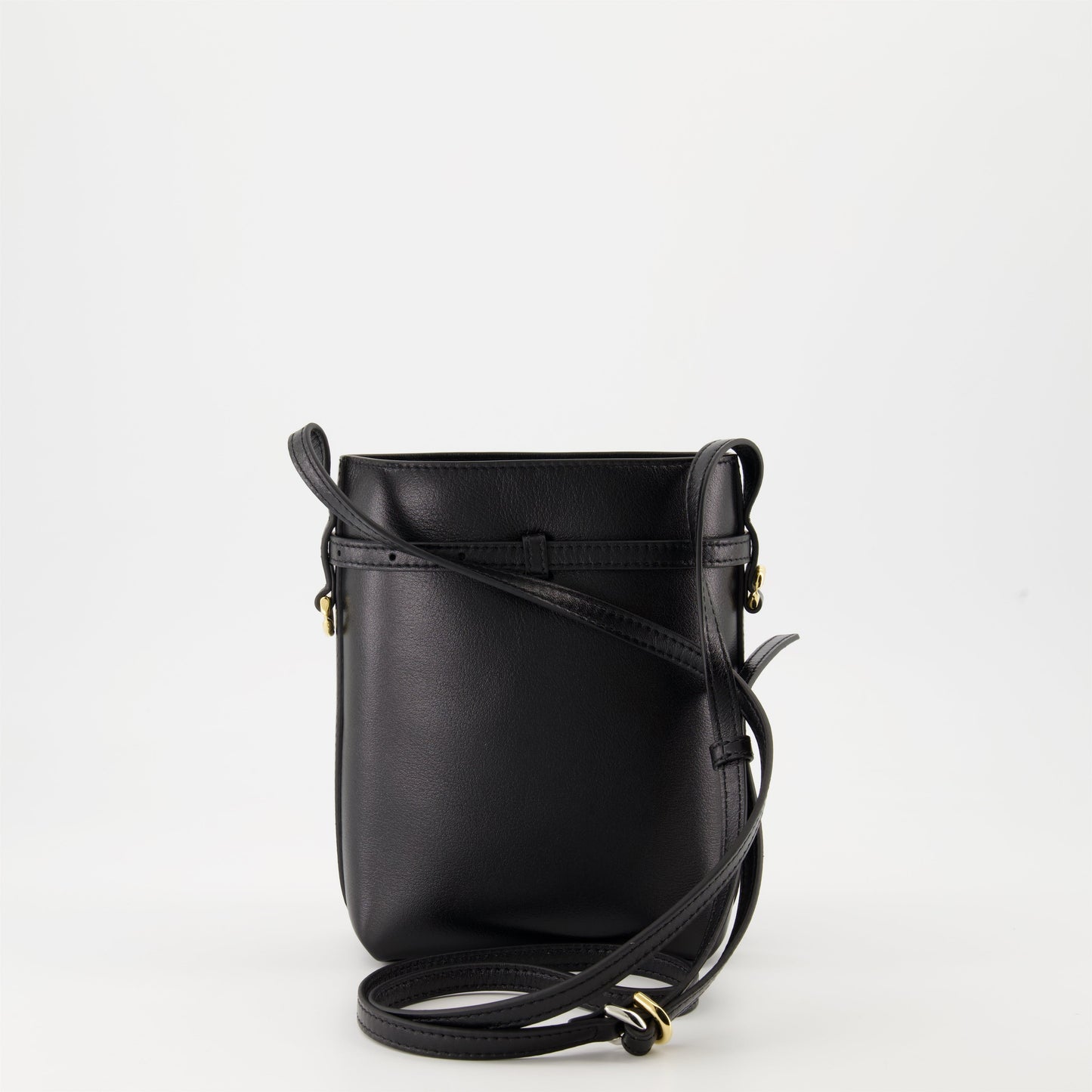 Black Leather Mini Bucket Bag with Belt Detail