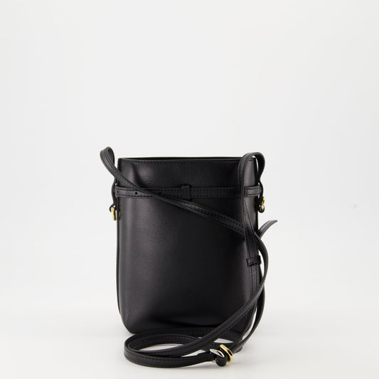 Black Leather Mini Bucket Bag with Belt Detail