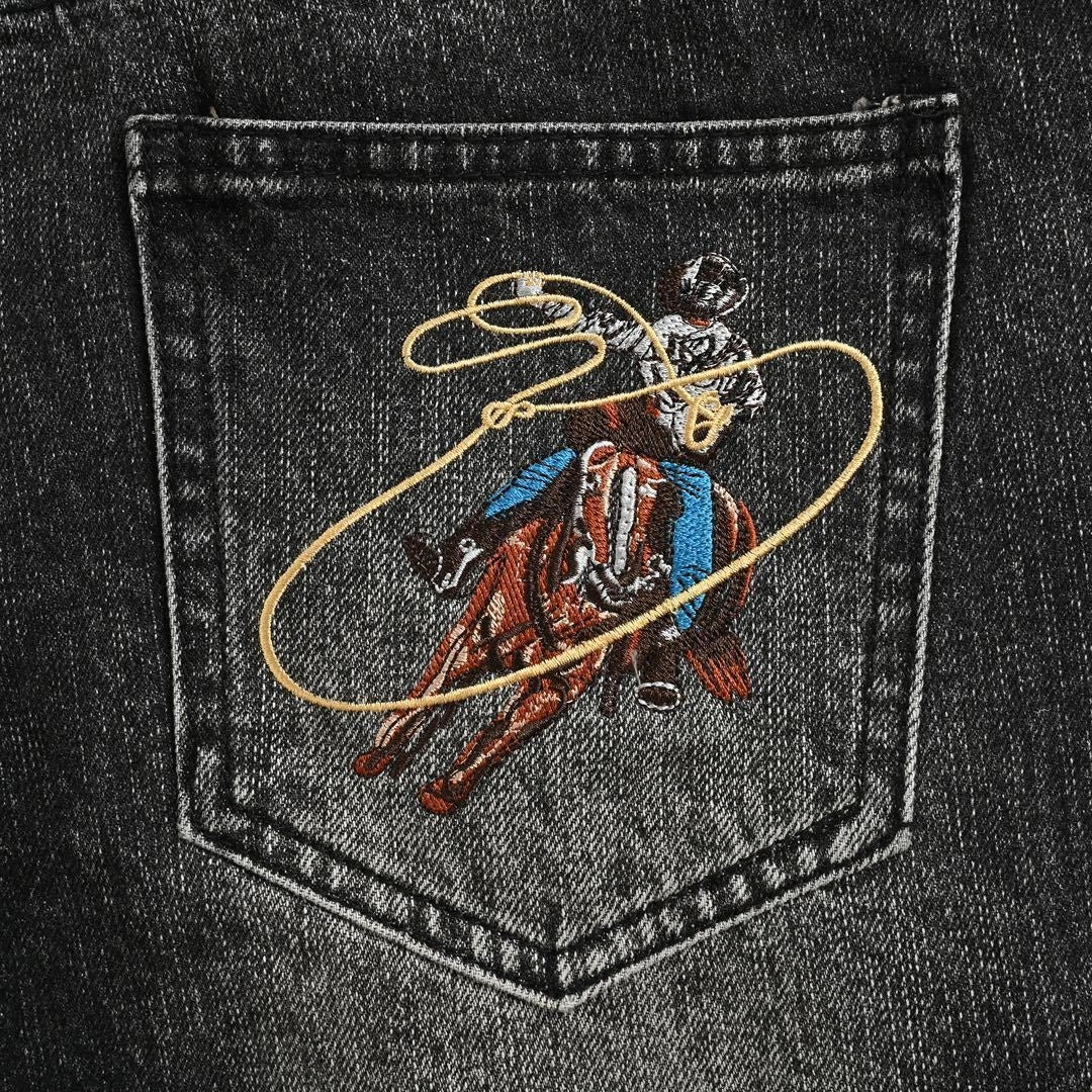 Black Washed Denim Jeans with Monogram & Cowboy Embroidery