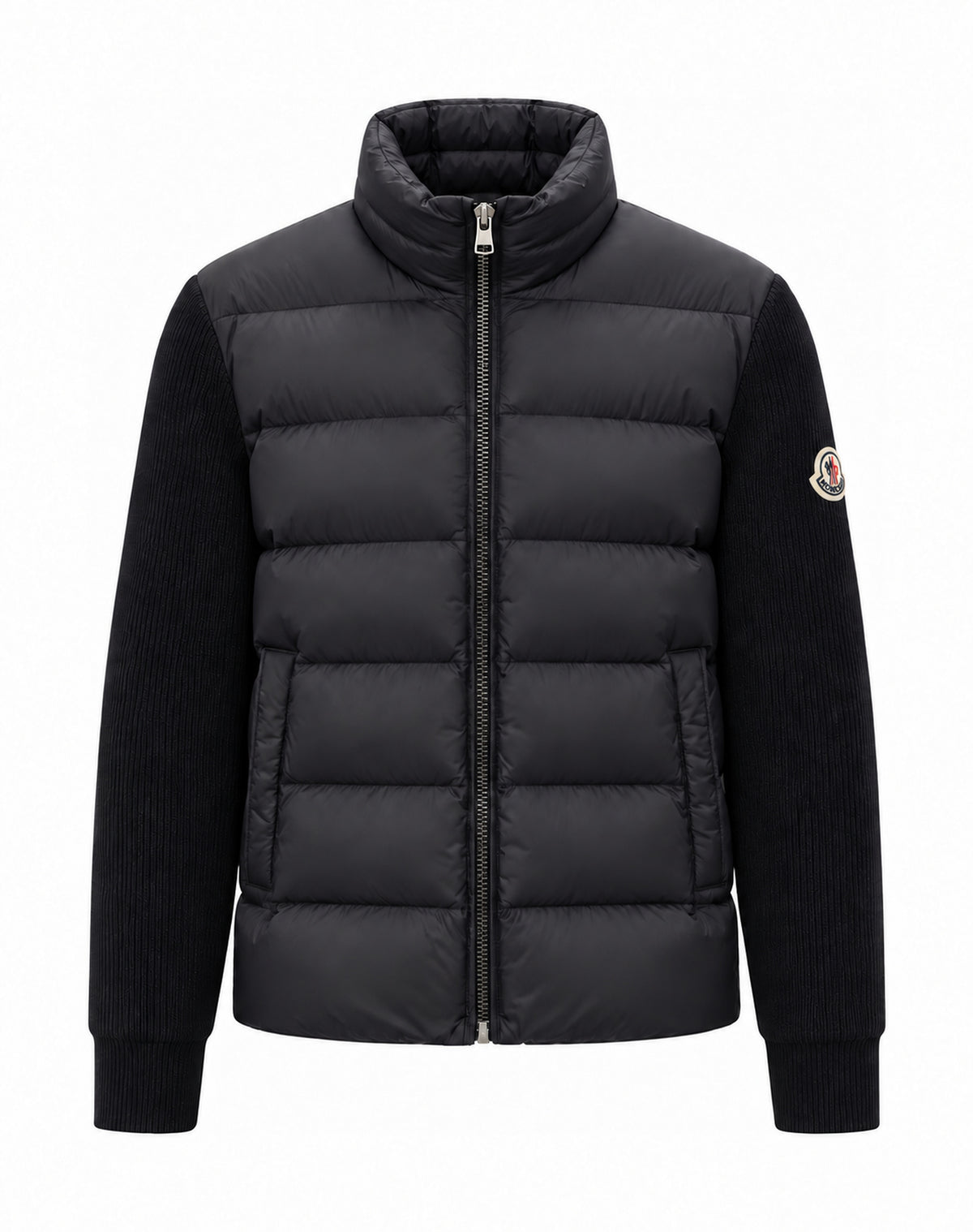High-Collar Padded Knit Cardigan