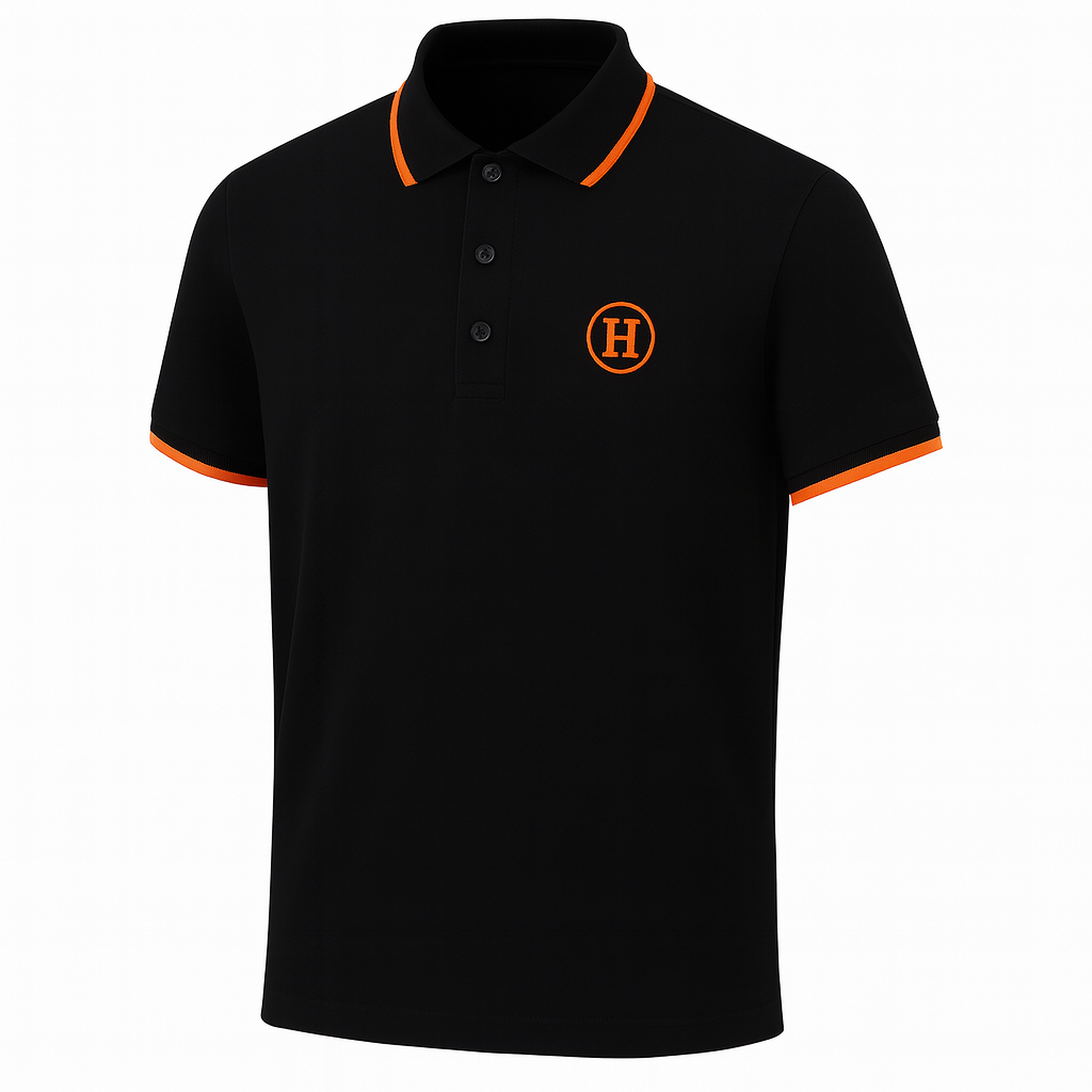 Hermès Black Polo Shirt with Orange Contrast Trim and H Logo