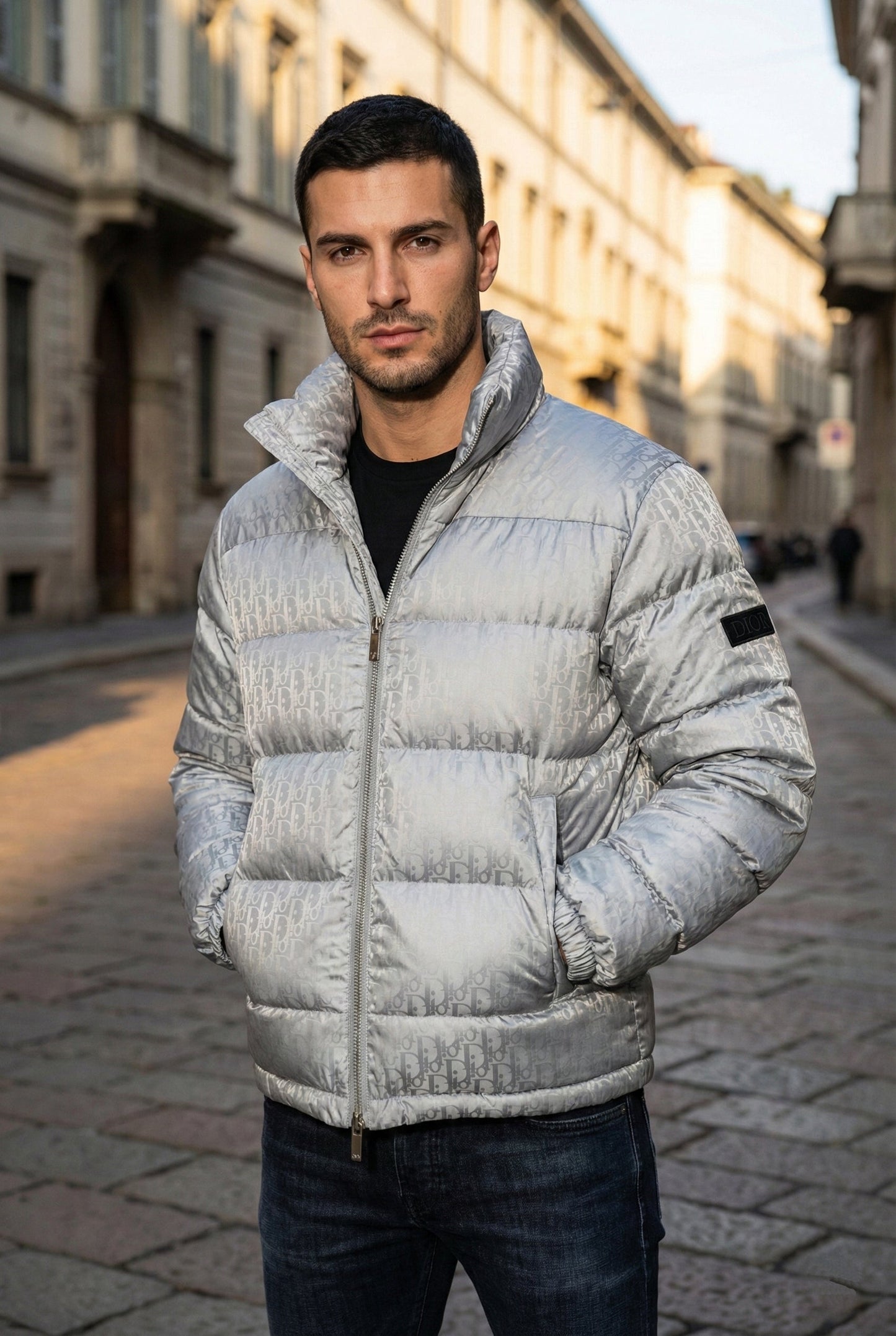 Oblique Down Puffer Jacket – Grey Technical Jacquard Edition
