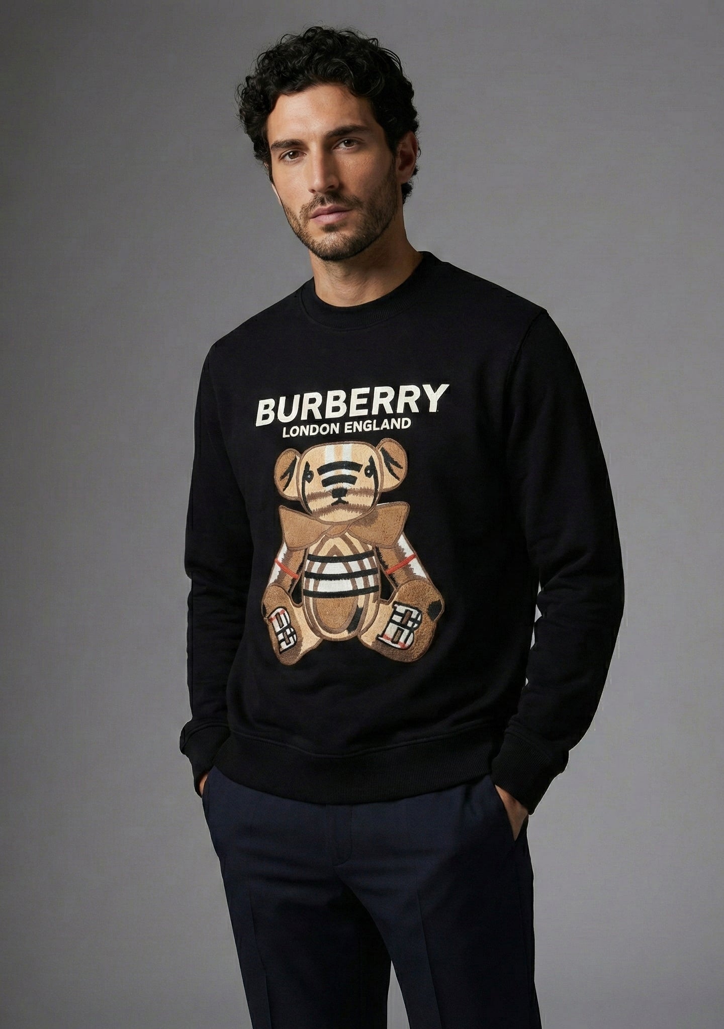 Thomas Bear Checked Applique Sweatshirt | Black