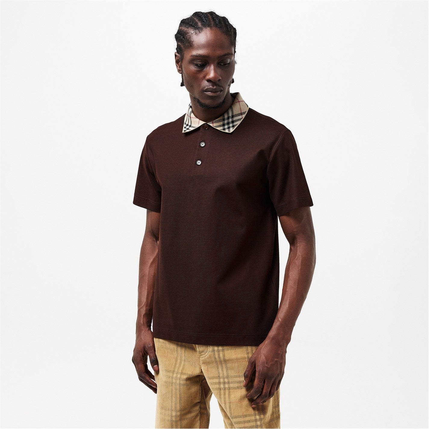 Check Collar Cotton Polo Shirt – Brown