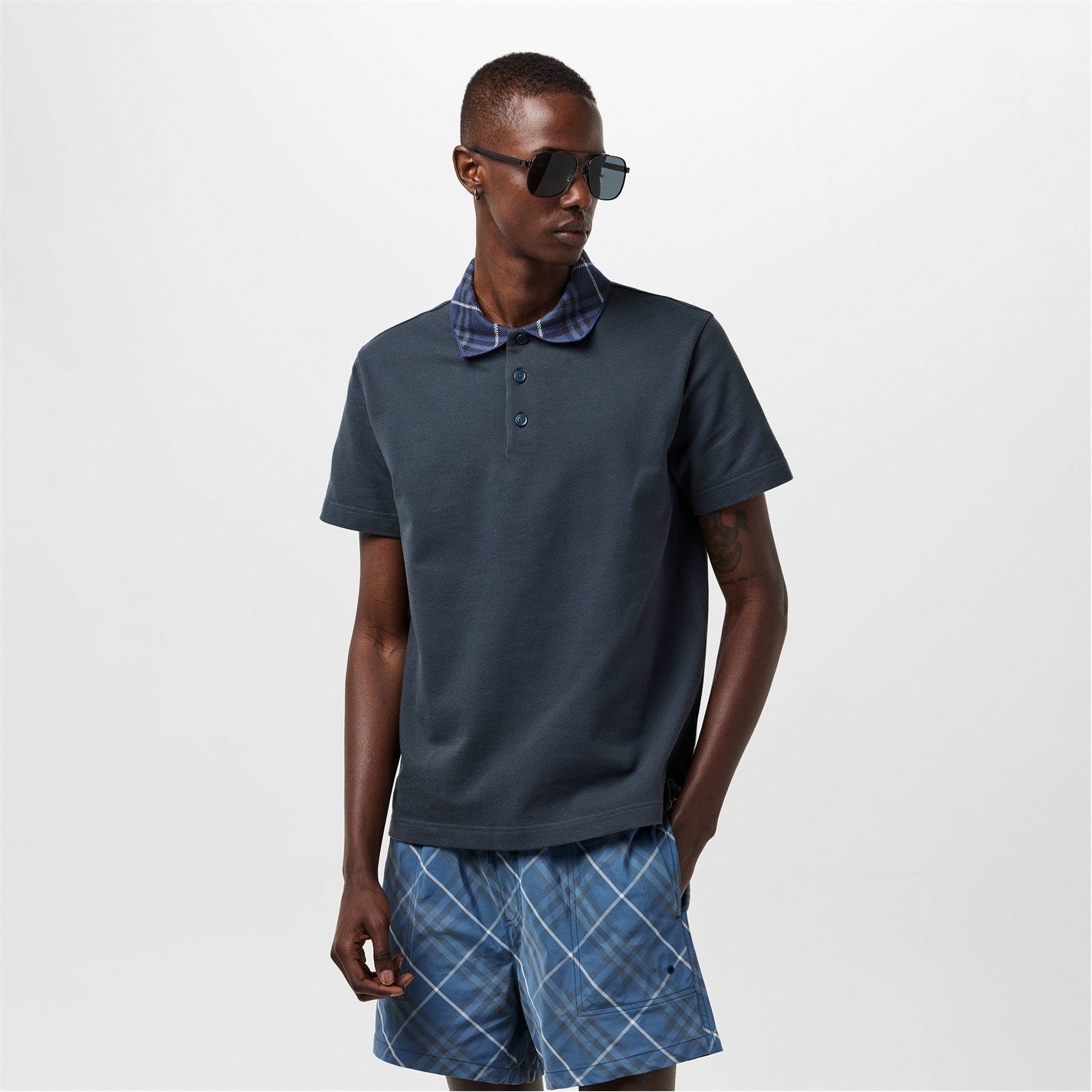 Check Collar Cotton Polo Shirt – Navy