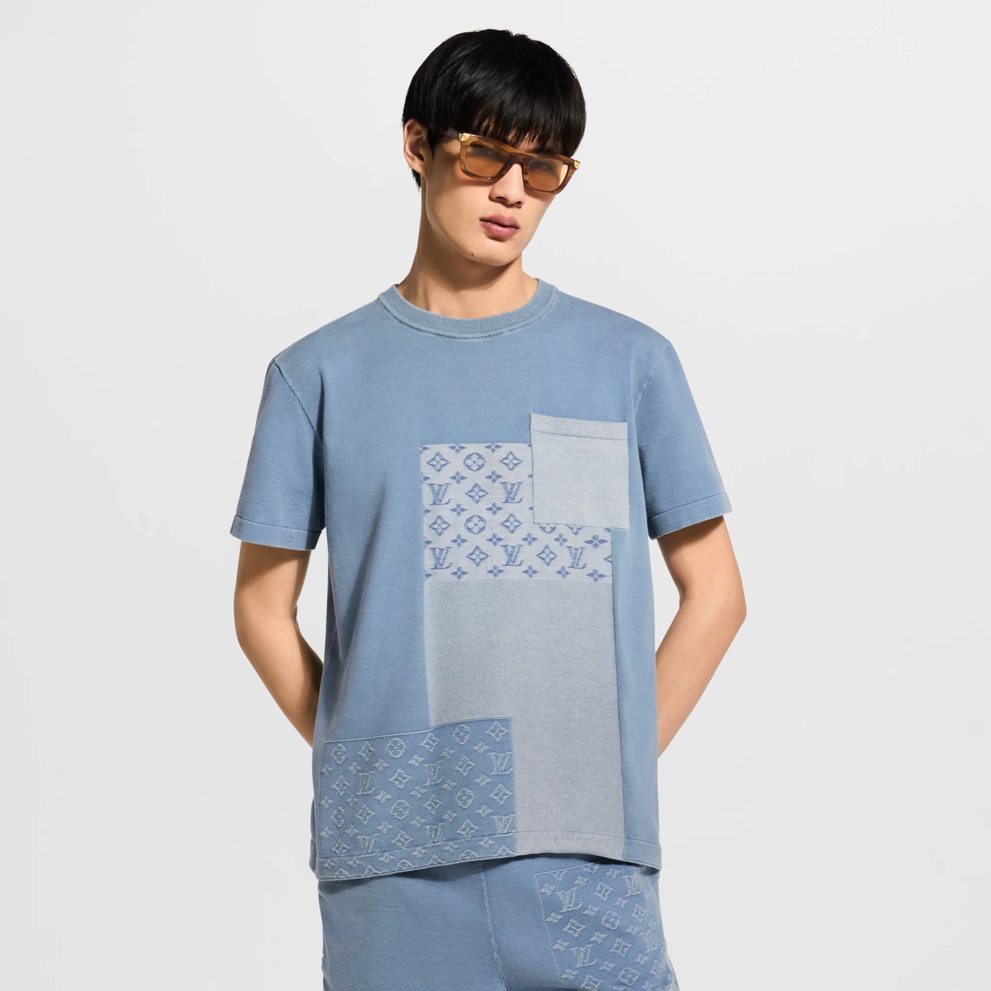 Knitted Patchwork Denim Short-Sleeved Crewneck