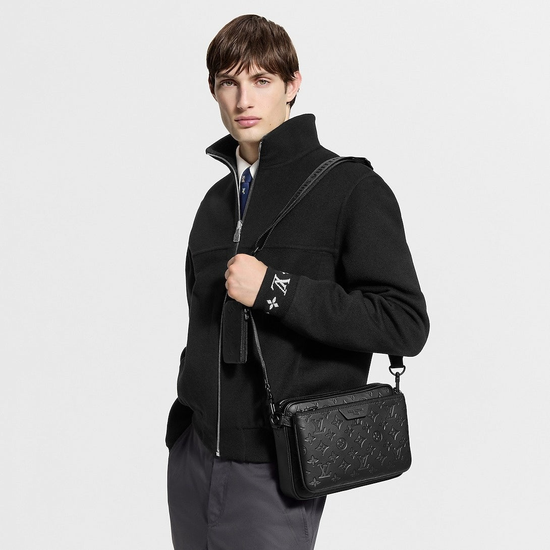 Monogram Embossed Leather Trio Messenger Bag(Black)