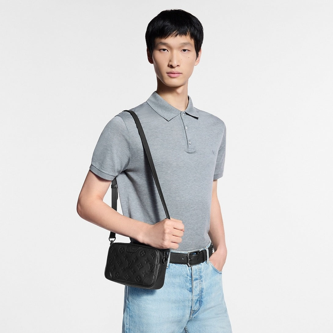 Monogram Embossed Leather Crossbody Bag (Black)