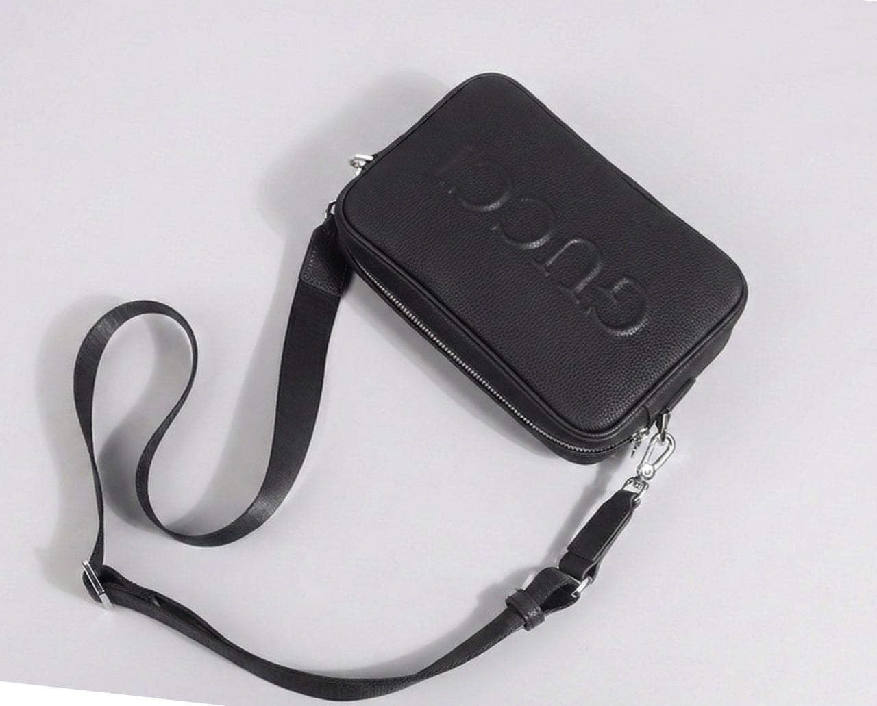 Embossed Logo Leather Crossbody Bag (Black)