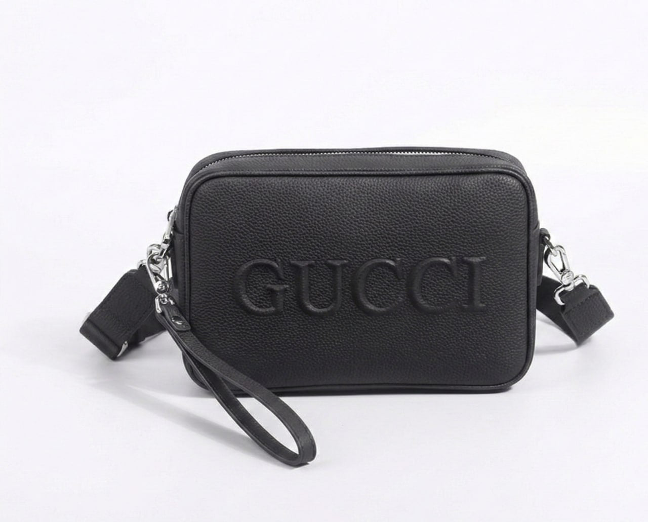 Embossed Logo Leather Crossbody Bag (Black)