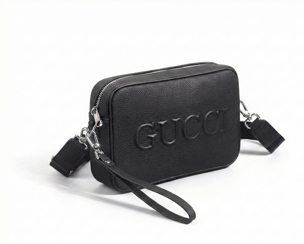 Embossed Logo Leather Crossbody Bag (Black)