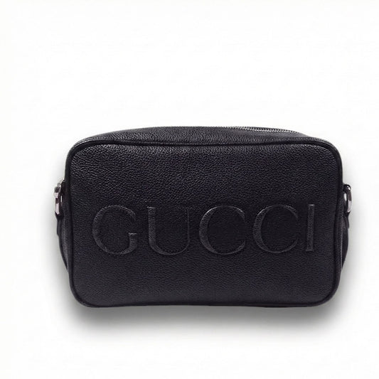 Embossed Logo Leather Crossbody Bag (Black)
