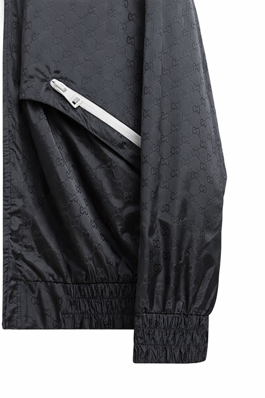 GG Jacquard Hooded Windbreaker Jacket with Contrast Zip – Black